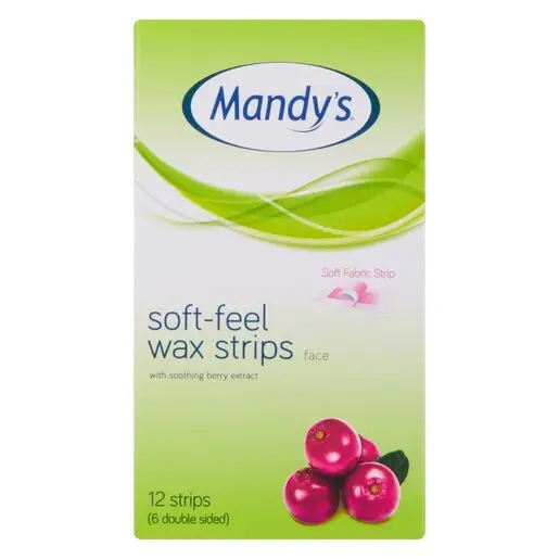Front of Mandy's Soft-Feel Wax Strips face box, pack of 12 strips