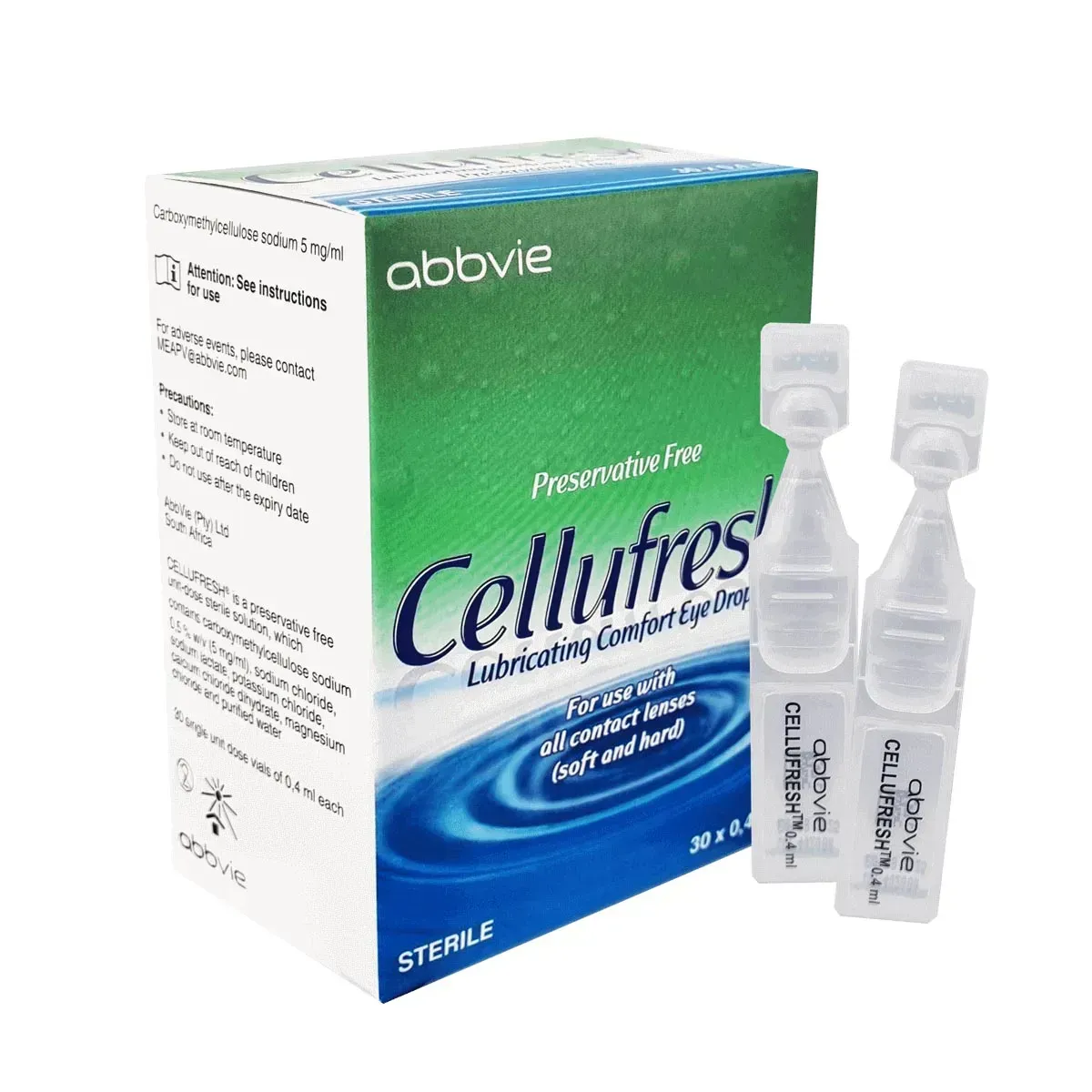 Front of AbbVie Cellufresh Lubricating Comfort Eye Drops box with two single-dose vials, 30 x 0.4 ml