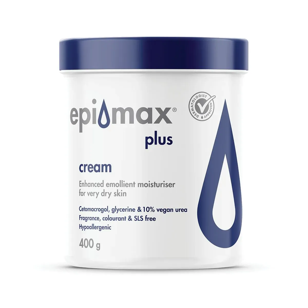Front of Epi-Max Plus Cream 400g tub on white background
