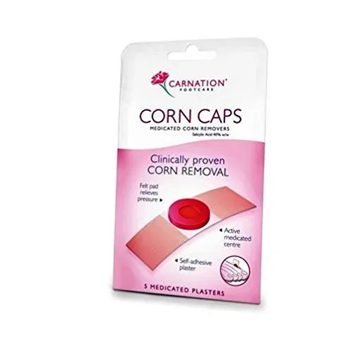 Front of Carnation Corn Caps medicated corn removers, 5 plasters