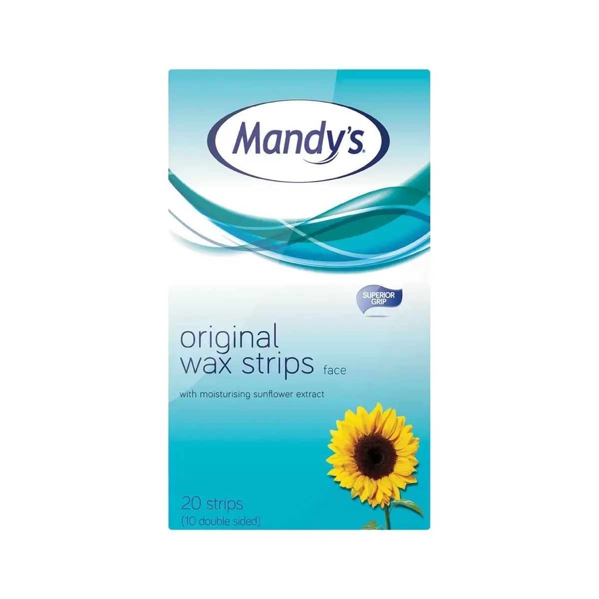 Front of Mandy's Original Wax Strips Face 20's box on white background