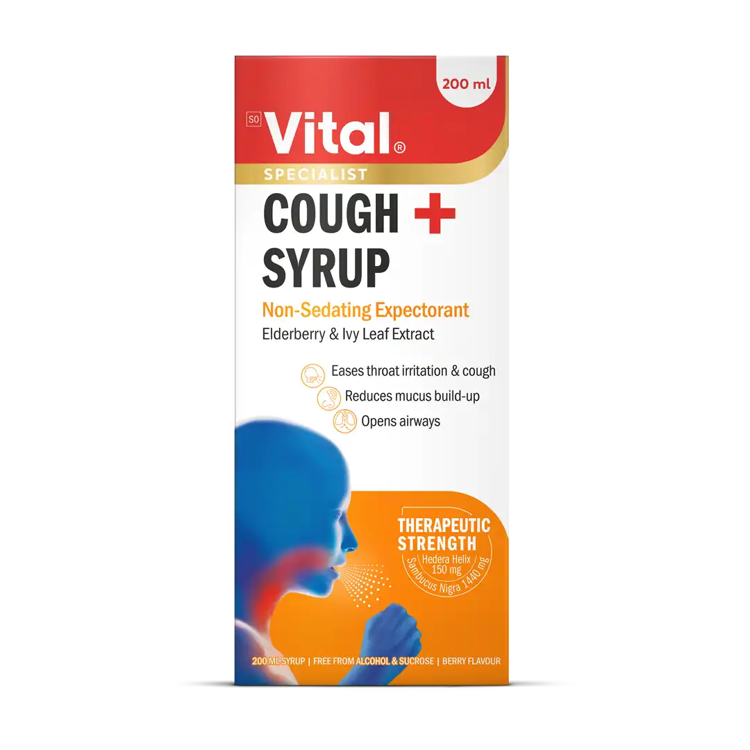 Front of Vital Specialist Cough+ Syrup 200ml carton
