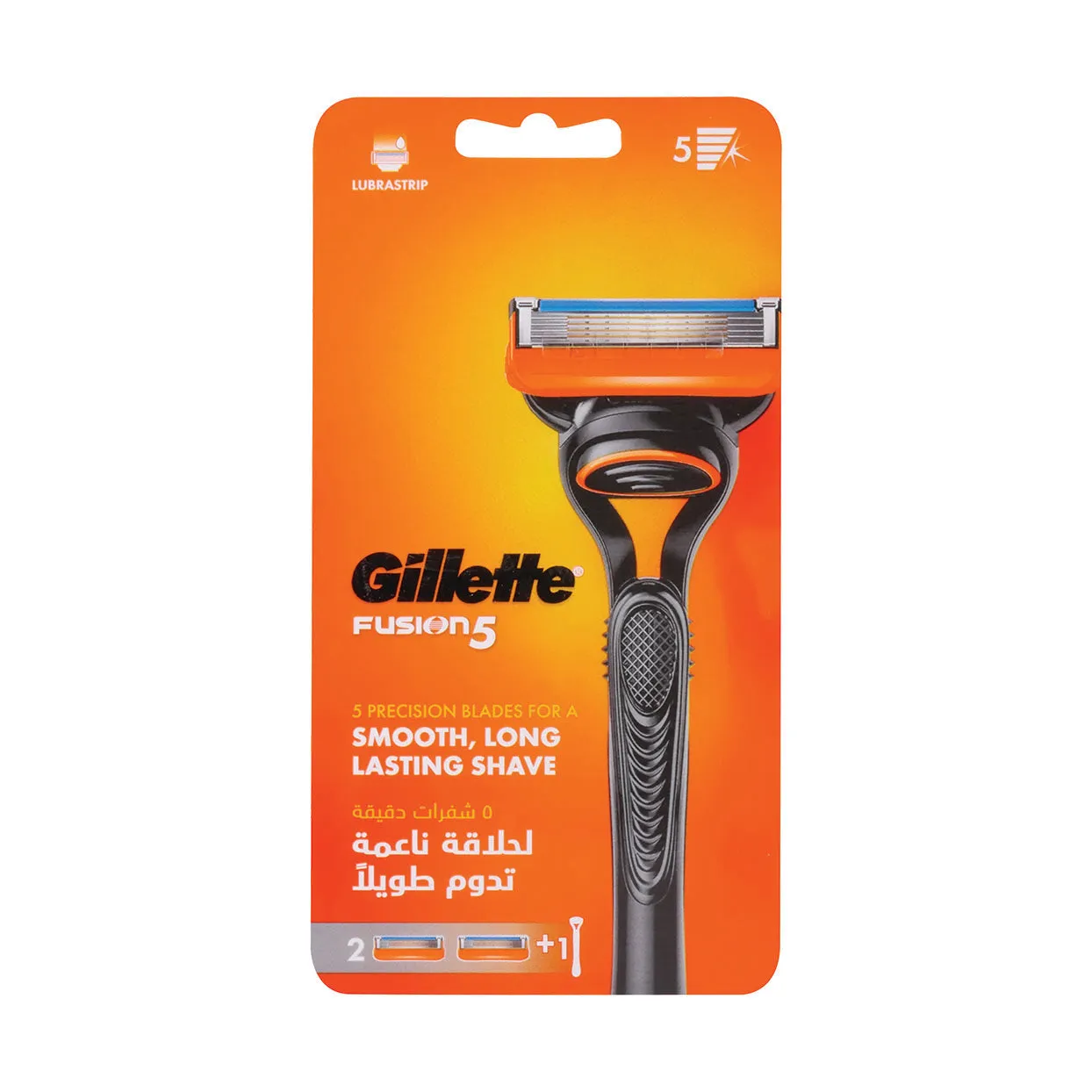 Front of Gillette Fusion5 Manual Razor pack, 2 blade refills