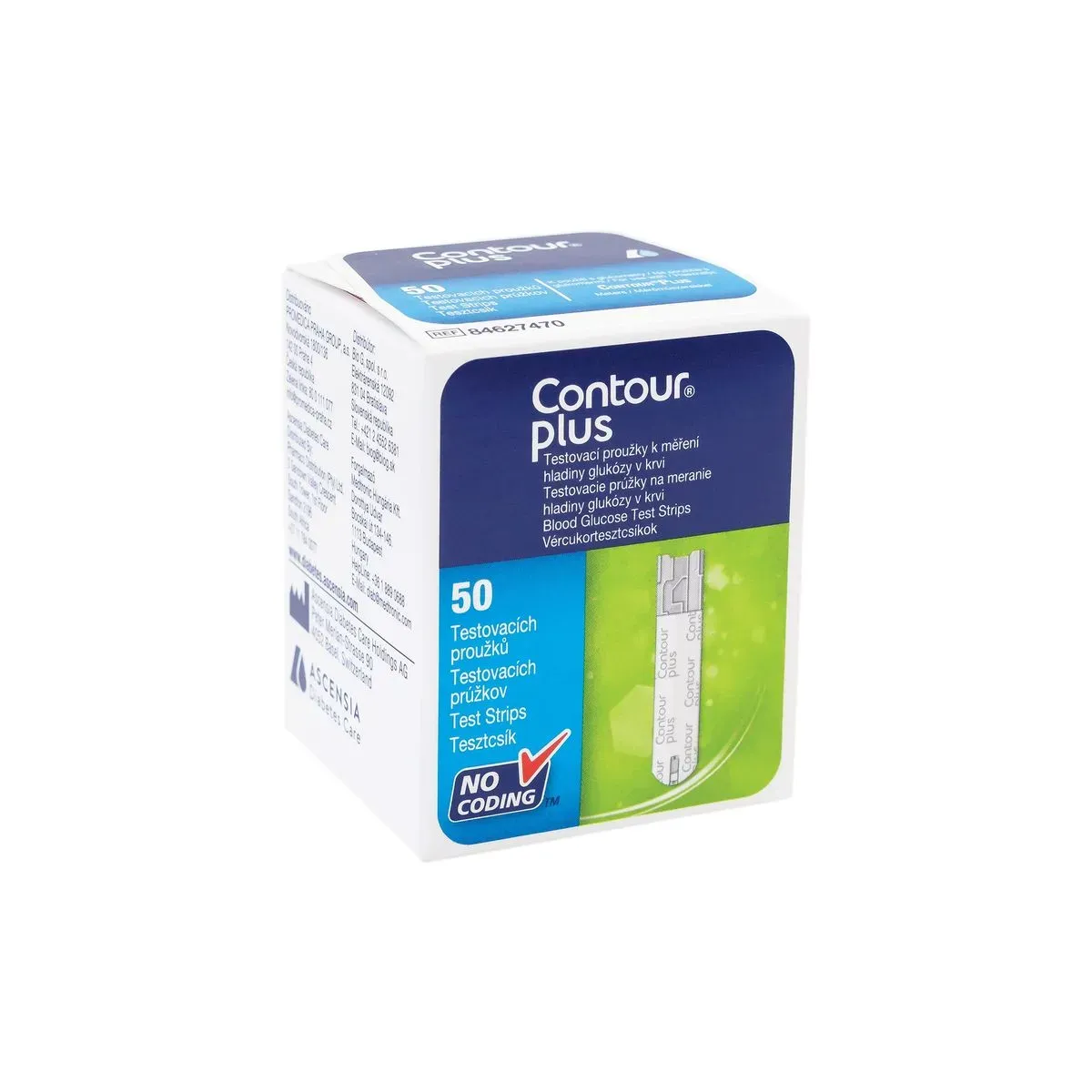 Angled view of Contour Plus Blood Glucose Test Strips box, 50 test strips