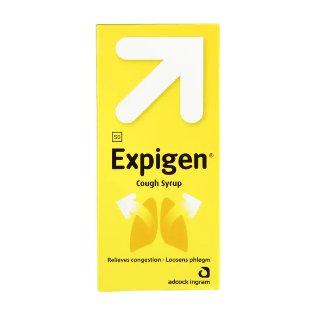 Front of Expigen Cough Syrup 200ml box, Adcock Ingram