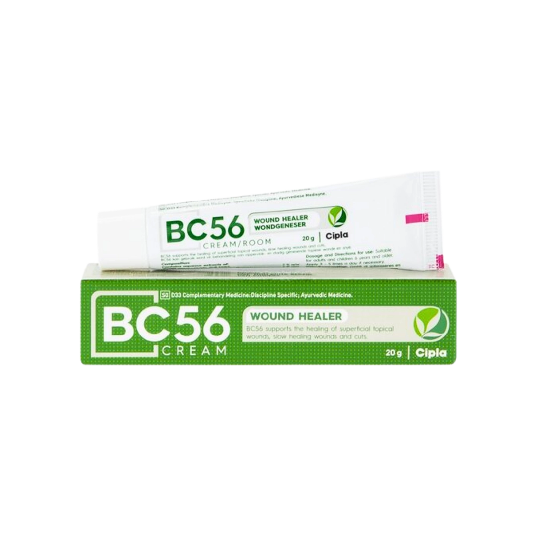 Front of BC56 Wound Healer Cream 20g carton and tube by Cipla