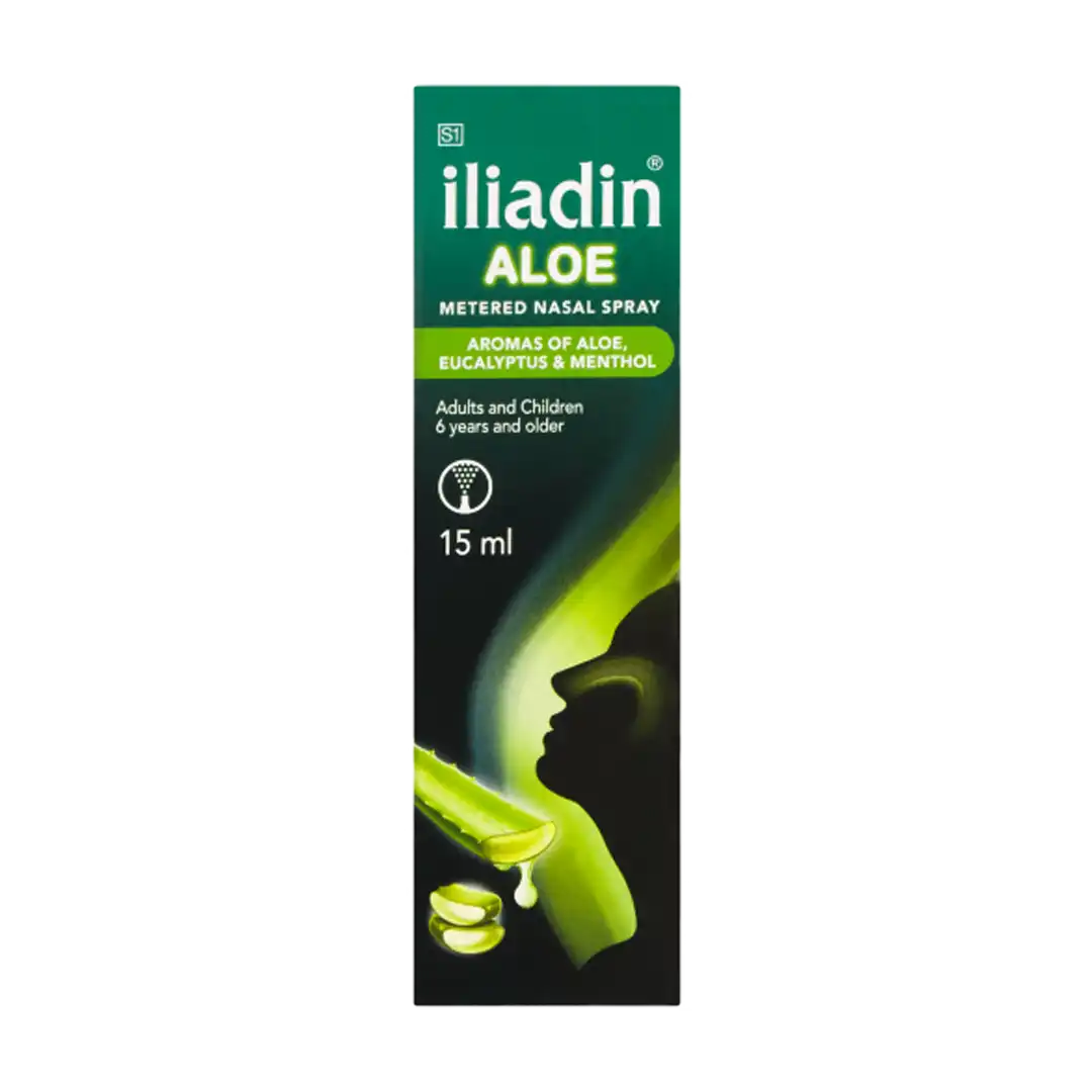 Front of Iliadin Aloe Metered Nasal Spray 15 ml box on white background