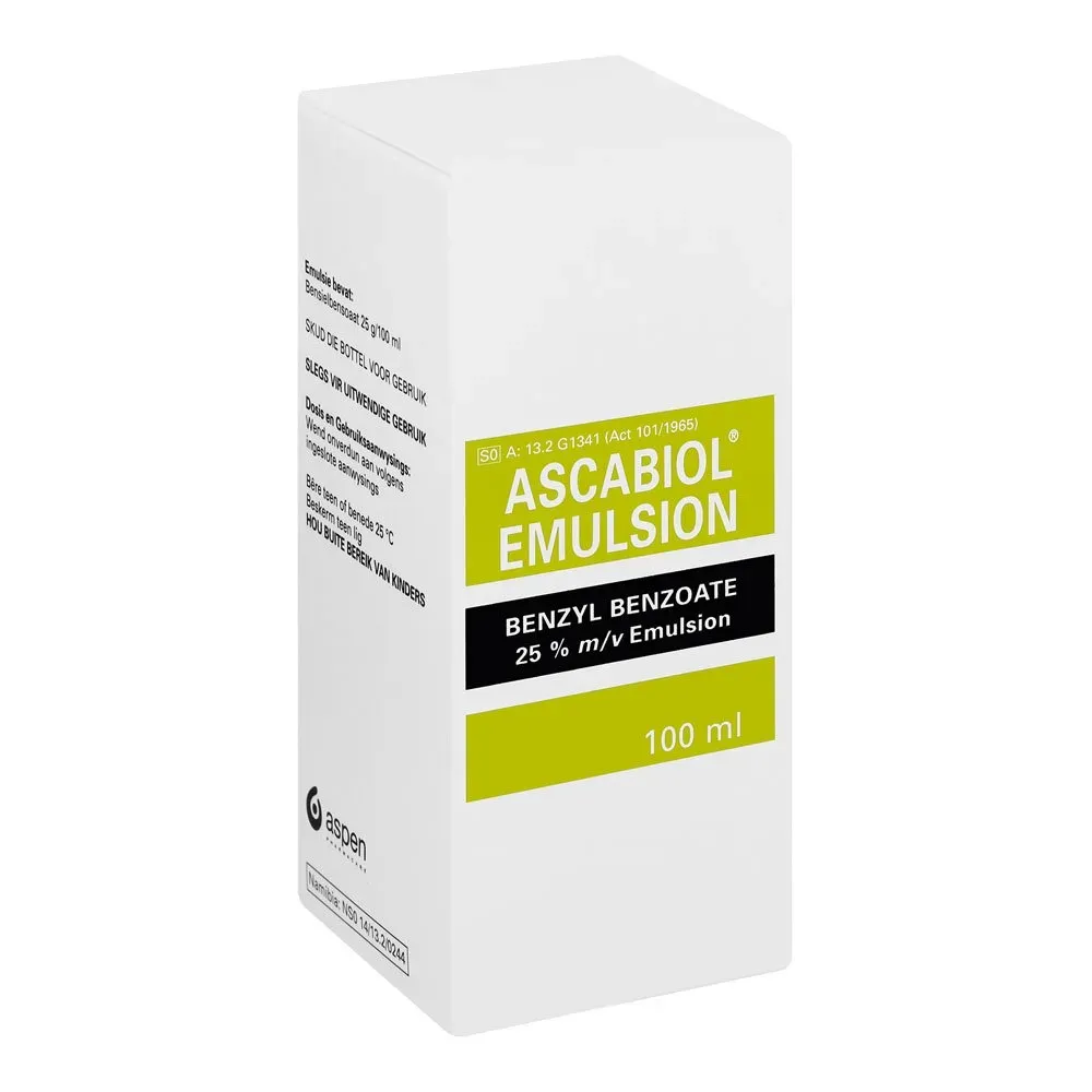 Angled view of Ascabiol Emulsion 100 ml box