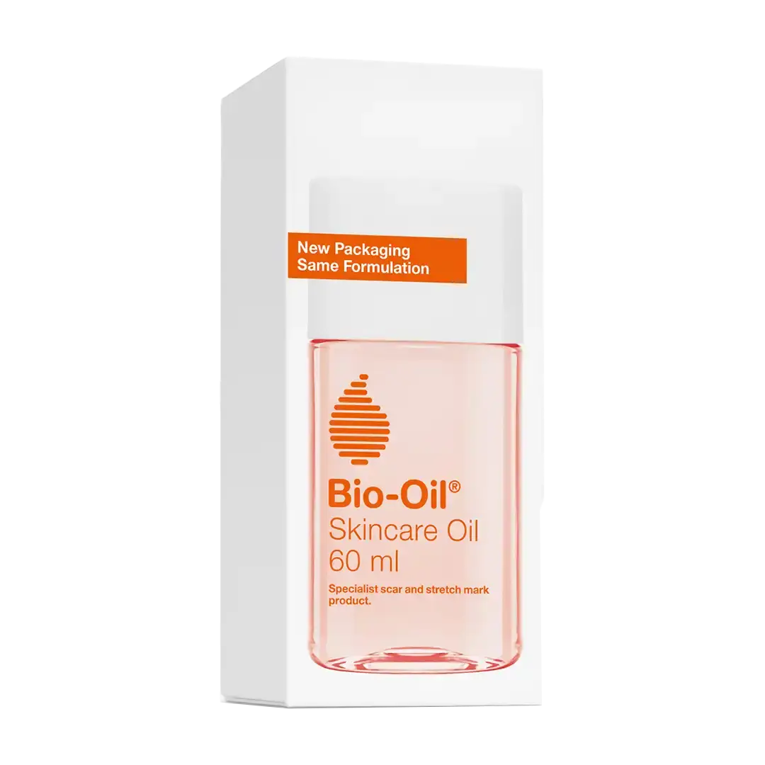 Angled view of Bio-Oil Skincare Oil box, 60 ml, new packaging banner