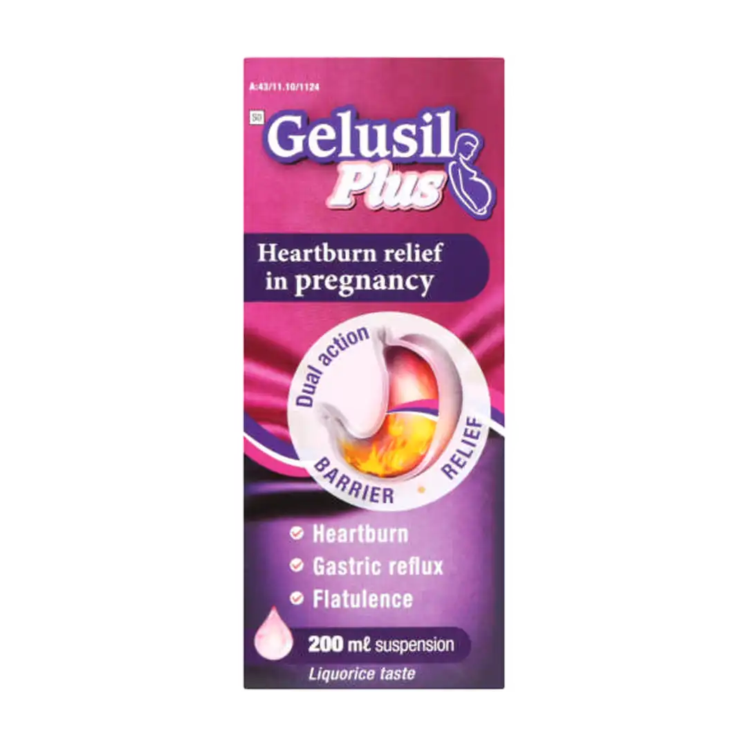 Front of Gelusil Plus Heartburn Relief in Pregnancy 200 ml suspension box