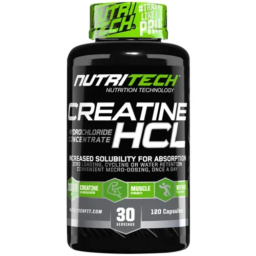 Front of Nutritech Creatine HCL 120 Capsules bottle