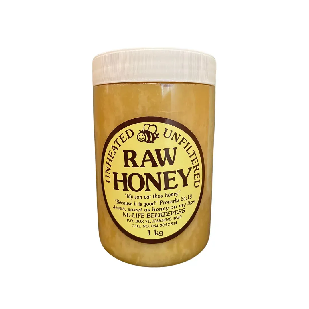Front of Nu-Life Beekeepers Raw Honey 1kg jar