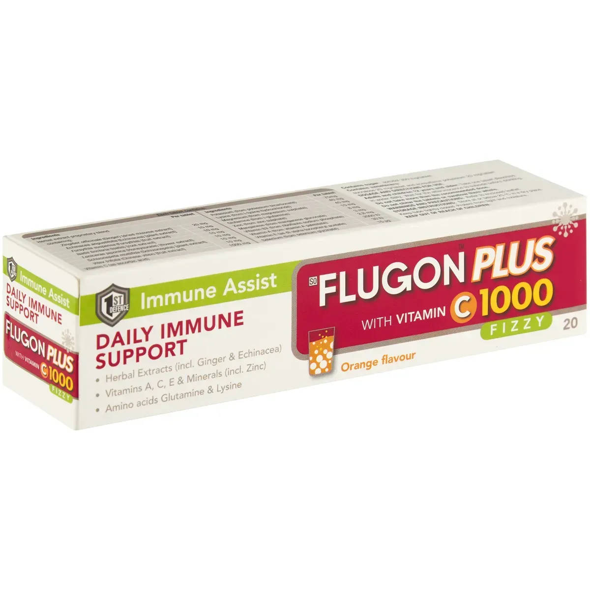 Angled studio shot of Flugon Plus Vitamin C1000 Orange Flavour 20 effervescent tablets box on white background
