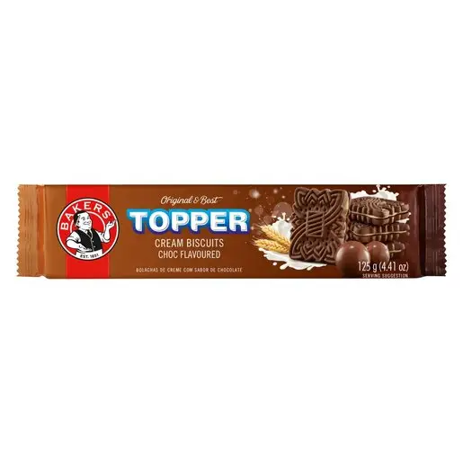 Front of Bakers Topper Chocolate Cream Biscuits 125 g pack on white background