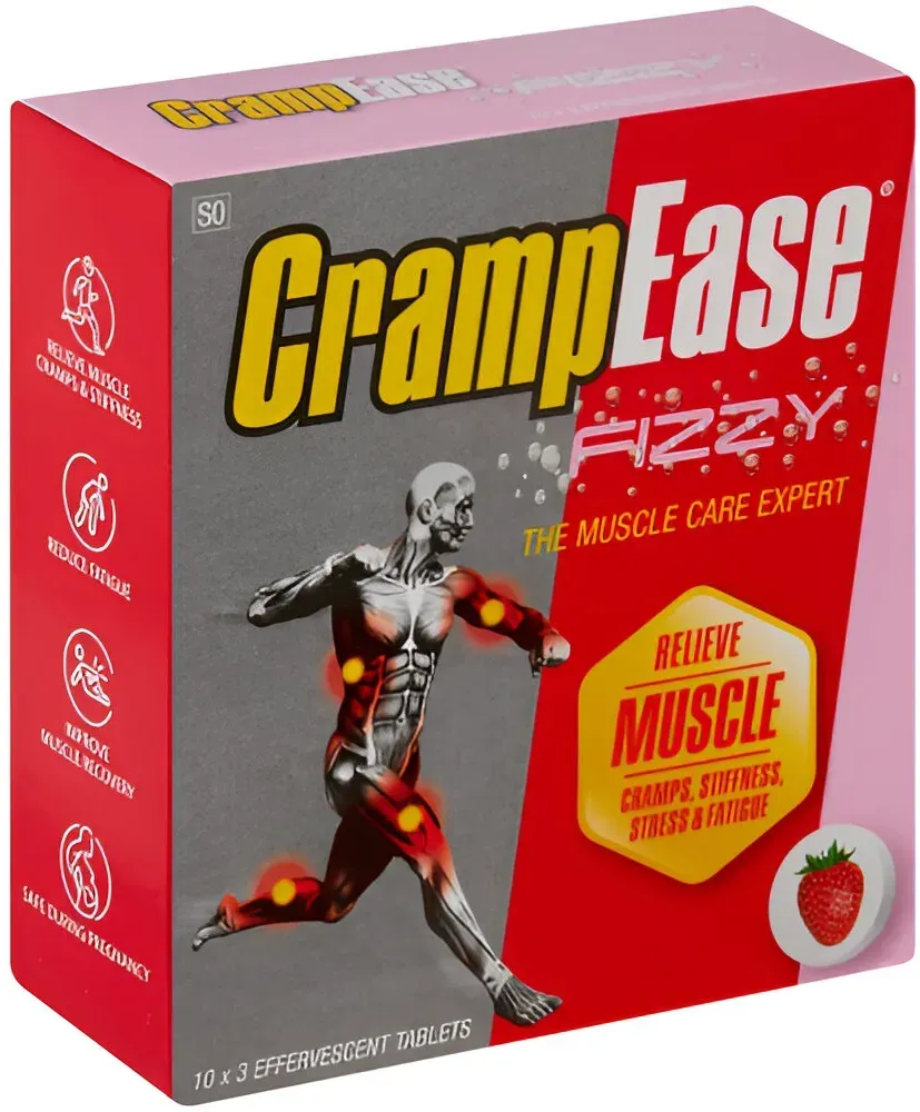 Front angled view of Nativa CrampEase Fizzy 30 effervescent tablets box, strawberry flavour