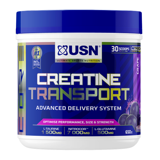 Front of USN Creatine Transport System Advanced Delivery System, Grape flavour, 650 g tub