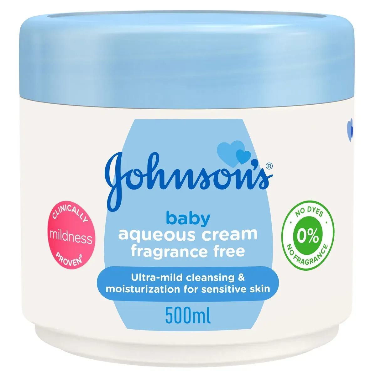 Front of Johnson's Baby Aqueous Cream Fragrance Free 500 ml tub