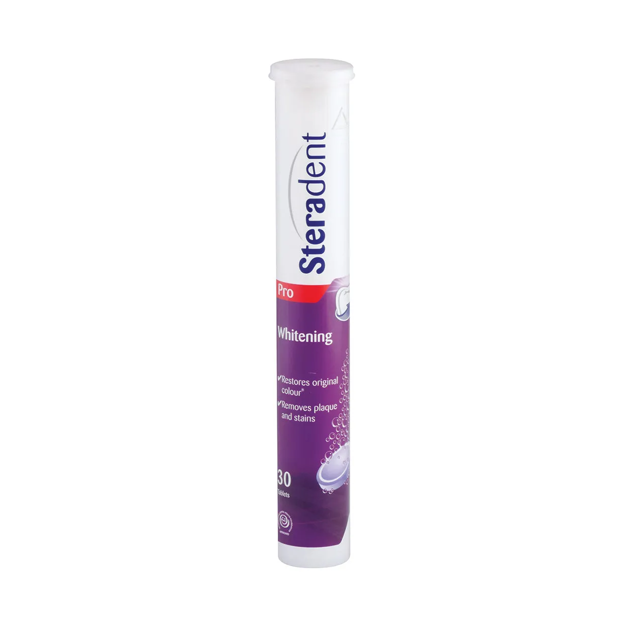 Front of Steradent Pro Whitening Denture Cleaner tube, 30 effervescent tablets