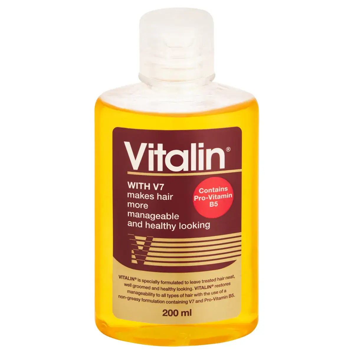 Front of Vitalin Hair Tonic with V7 200 ml bottle on white background