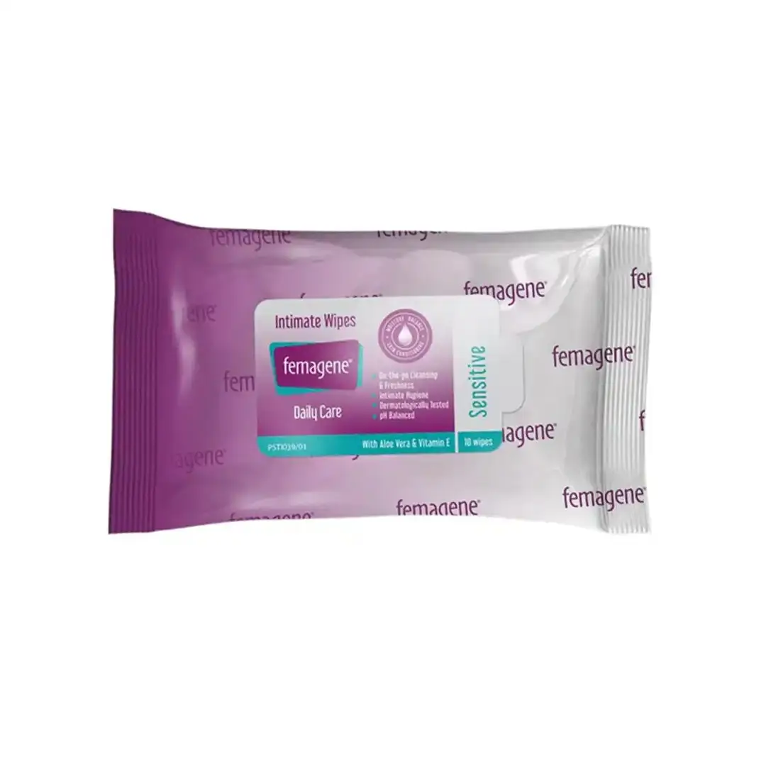 Front of Femagene Intimate Wipes Sensitive 10 wipes pack on white background