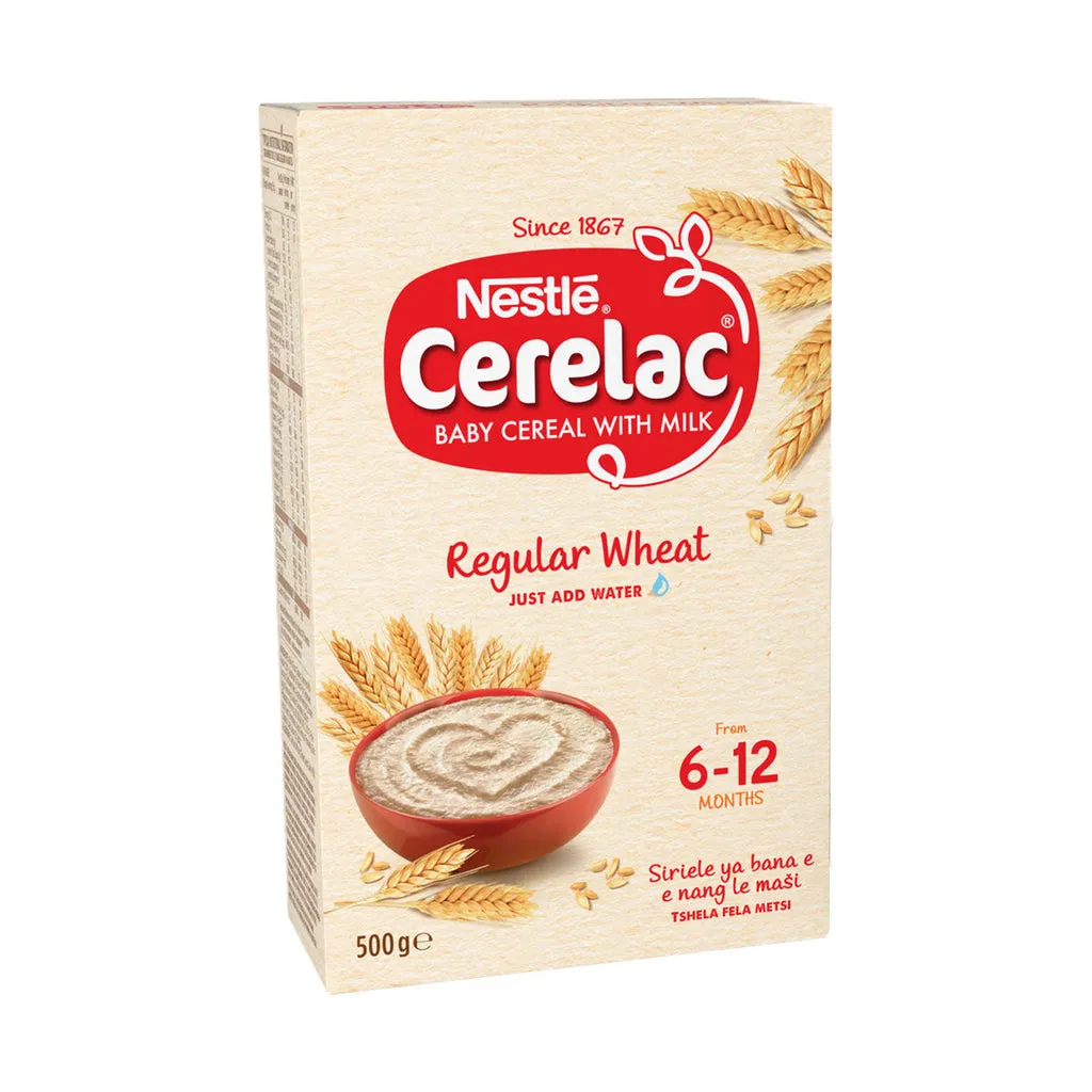 Front of Nestle Cerelac Regular Wheat Baby Cereal with Milk, 500 g box