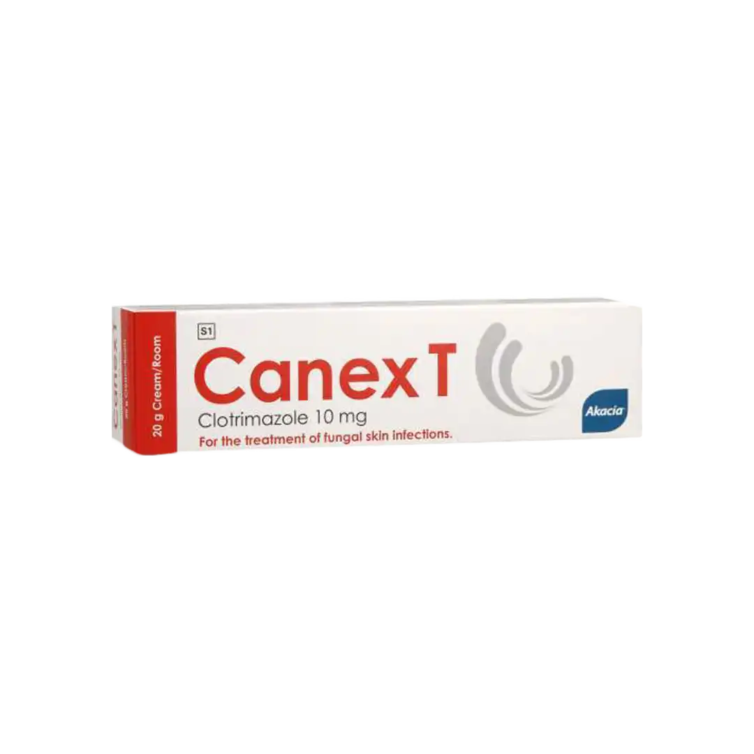 Angled view of Canex T Clotrimazole 20 g cream box on white background