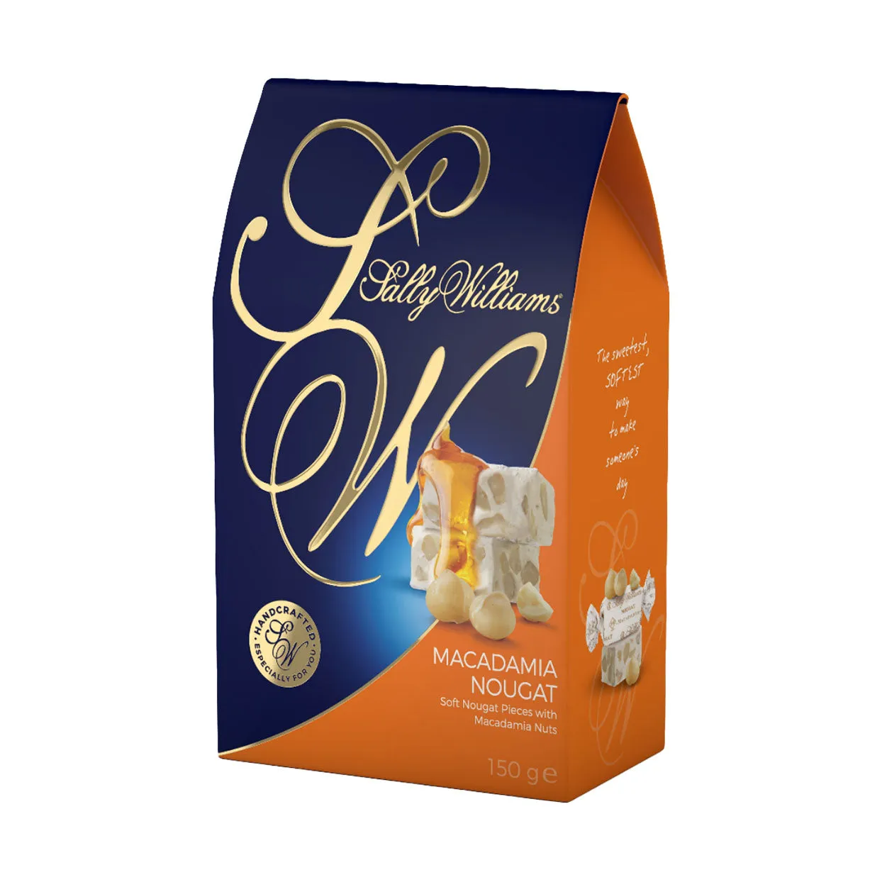 Front of Sally Williams Macadamia Nougat 150g box