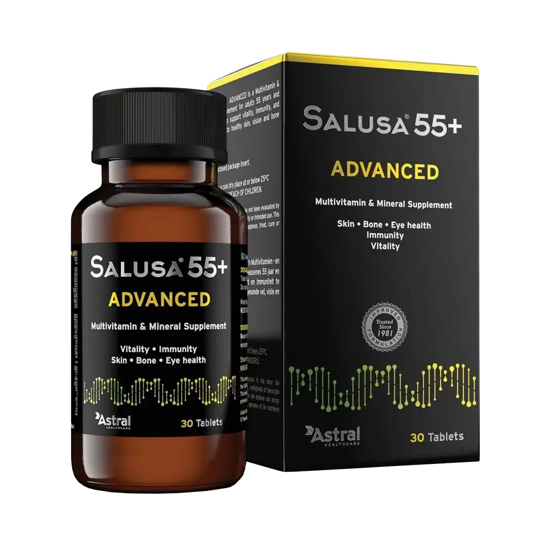 Bottle and box of Salusa 55+ Advanced Multivitamin & Mineral Supplement 30 tablets, high resolution