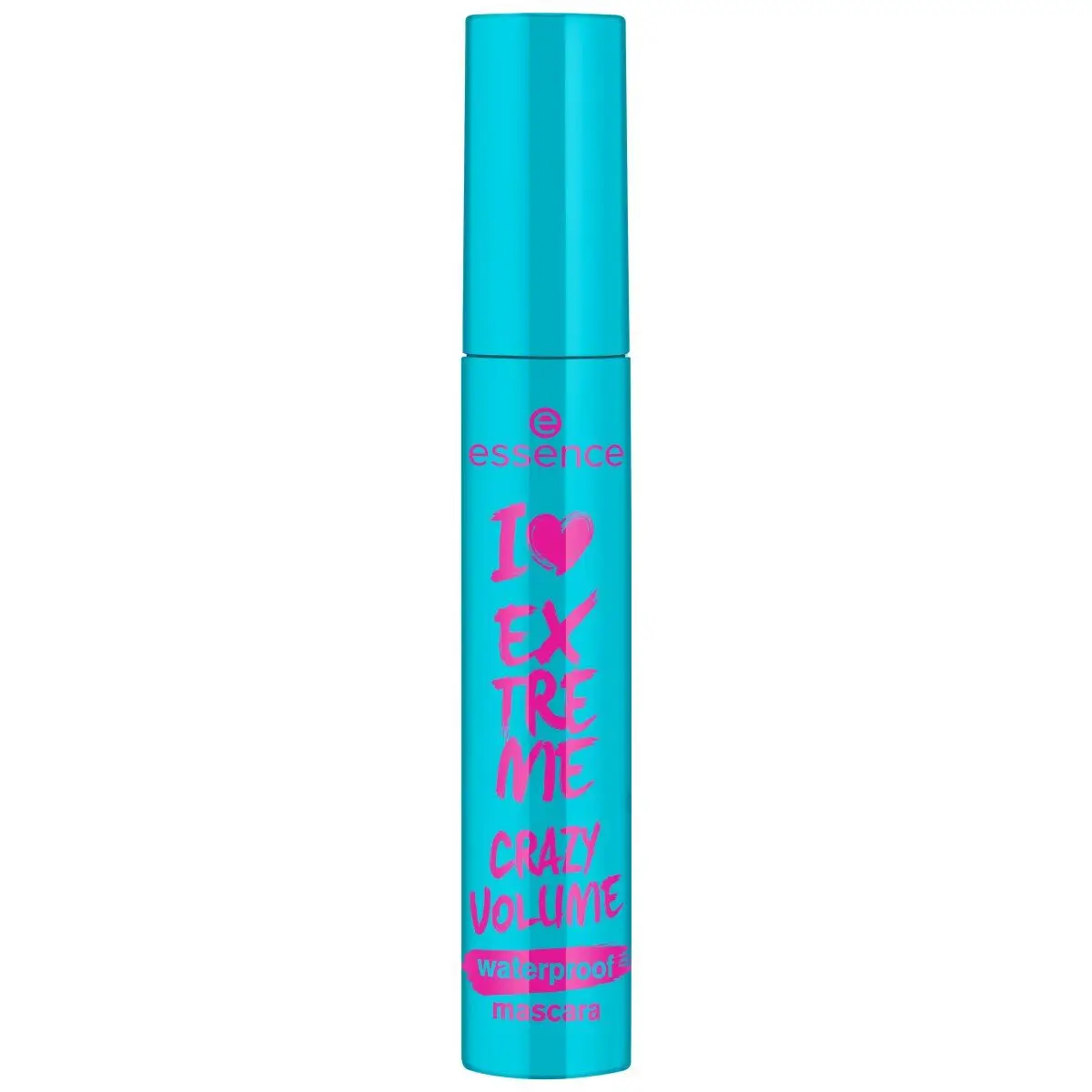 Front of closed Essence I Love Extreme Crazy Volume Waterproof Mascara tube on white background
