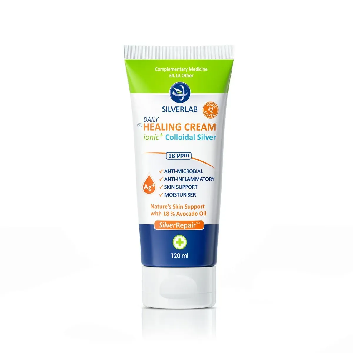 Front of SilverLab Daily Healing Cream 120 ml tube on white background