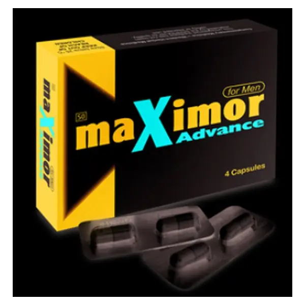 Front of Maximor Advance For Men 4 Capsules box with blister pack shown