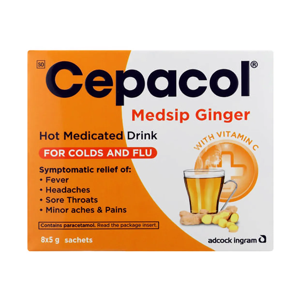 Front of Cepacol Medsip Ginger Hot Medicated Drink box, 8x5g sachets