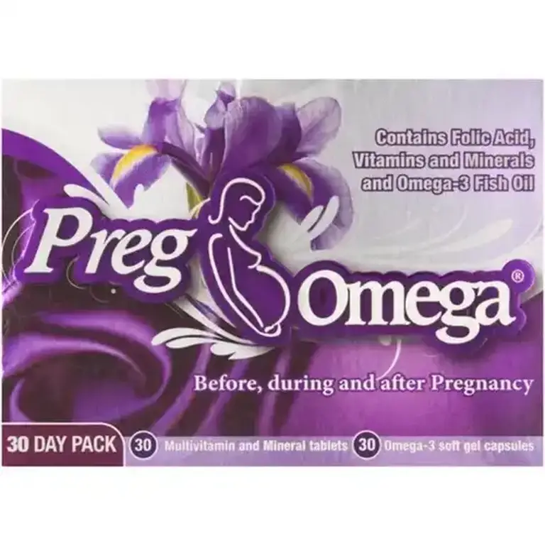 Front of Inova Preg Omega 30 Day Pack multivitamin and omega-3 box on white background