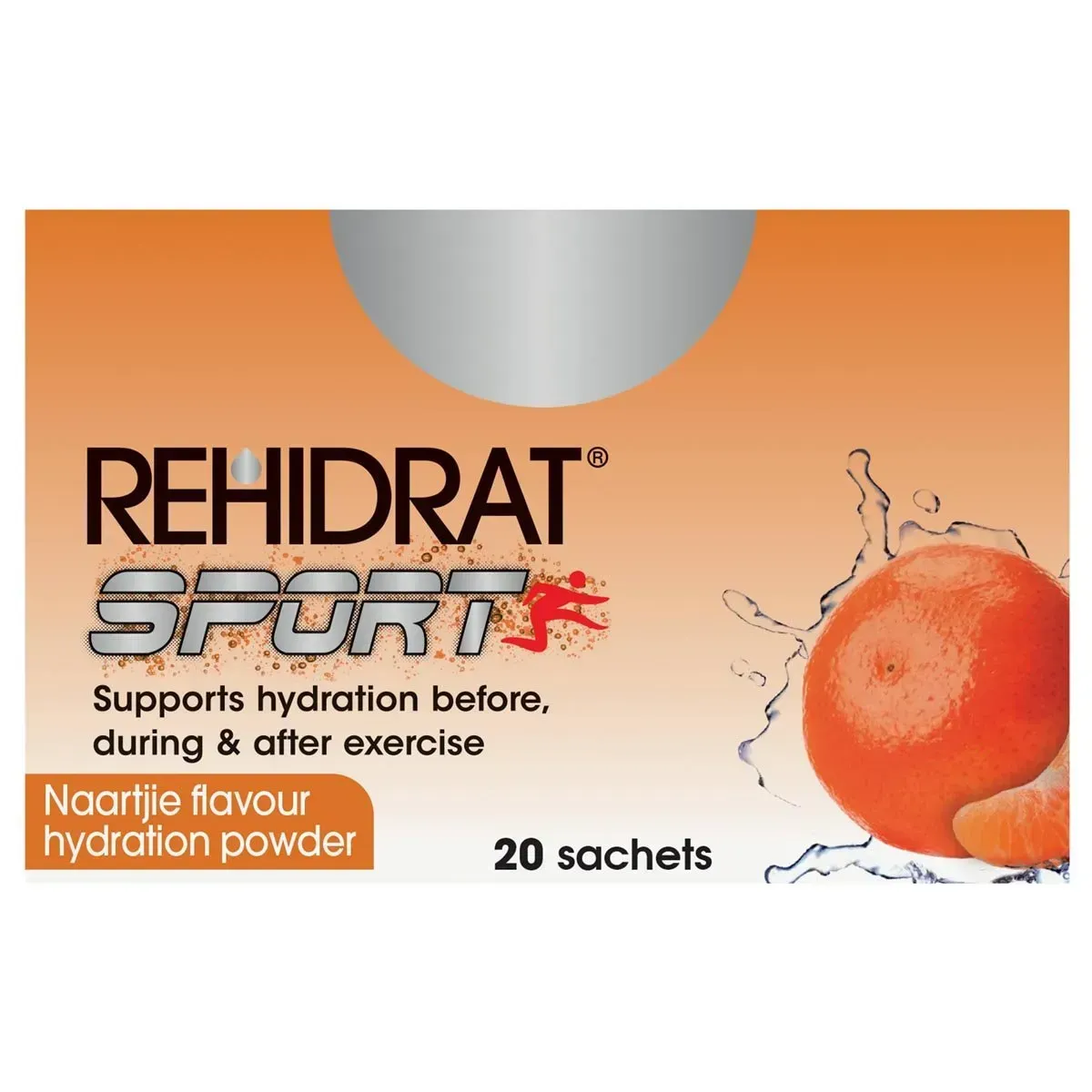 Front of Rehidrat Sport Naartjie flavour hydration powder box, 20 sachets, clean studio shot