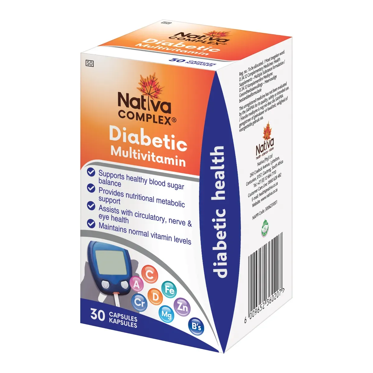 Angled view of Nativa Complex Diabetic Multivitamin 30 Capsules box with barcode