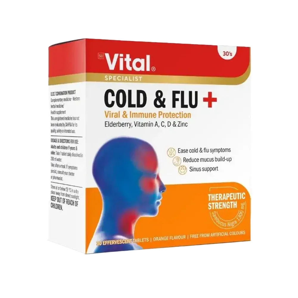 Angled view of Vital Cold & Flu Effervescent Tablets 30's box