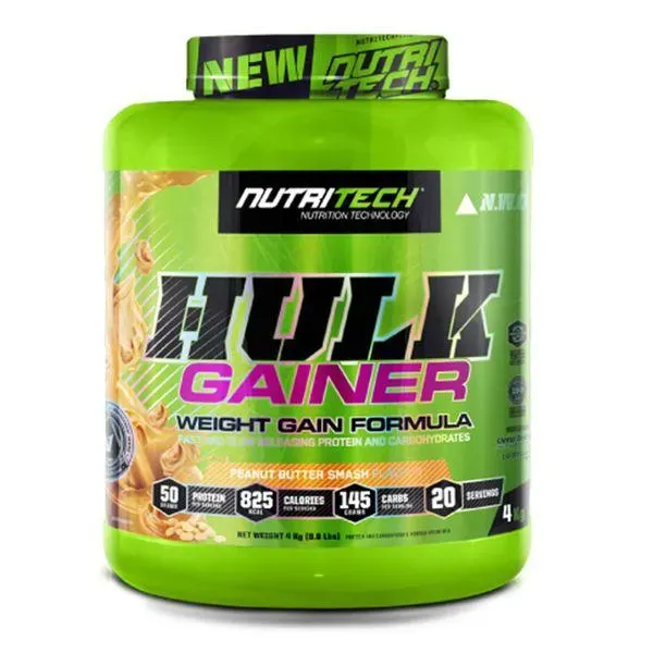 Front/angled view of Nutritech Hulk Gainer Peanut Butter Smash Weight Gain Formula 4 kg tub