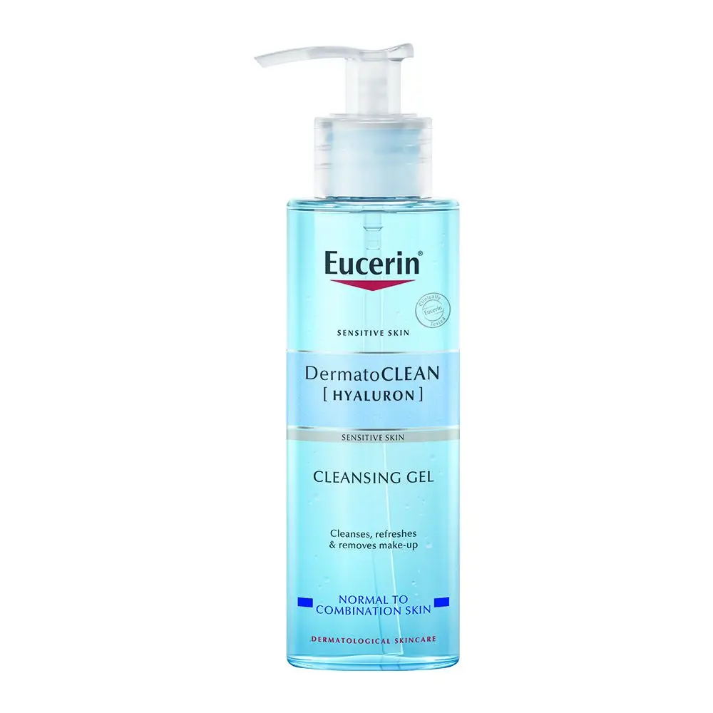 Front of Eucerin DermatoClean Hyaluron Cleansing Gel 200 ml pump bottle on white background