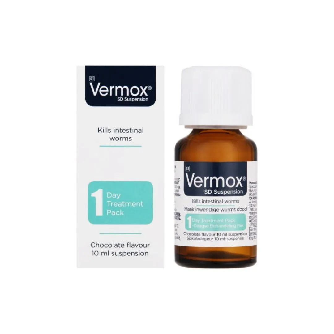 Front of Vermox SD Suspension 10ml chocolate flavour 1 Day Treatment Pack, box and bottle