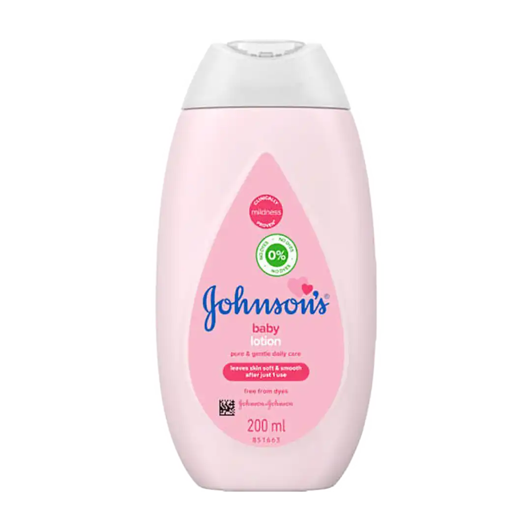 Front of Johnson's Baby Lotion Pure & Gentle Daily Care 200 ml bottle on white background