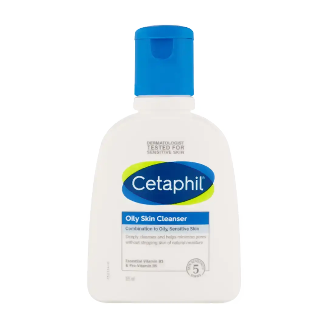 Front of Cetaphil Oily Skin Cleanser 125 ml bottle on white background