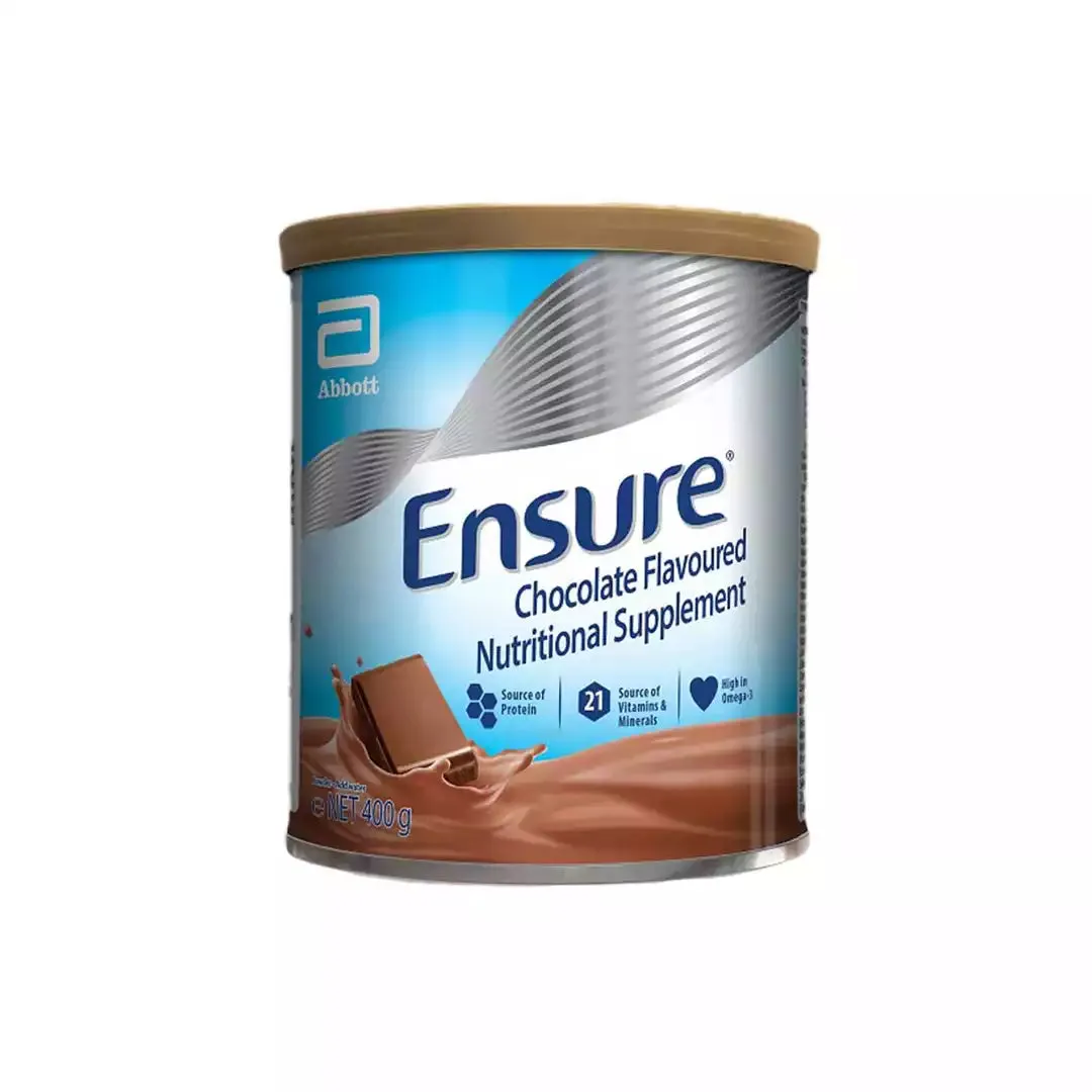 Front of Ensure Chocolate Flavoured Nutritional Supplement 400 g tin