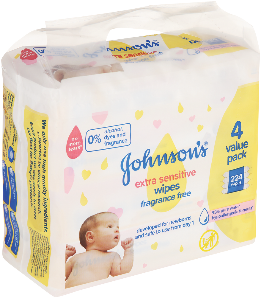 Johnson's Extra Sensitive Fragrance Free Wipes 4 x 56pk