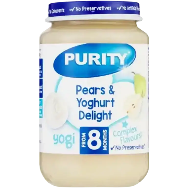 Front of Purity Pears & Yoghurt Delight baby food 200ml jar on white background