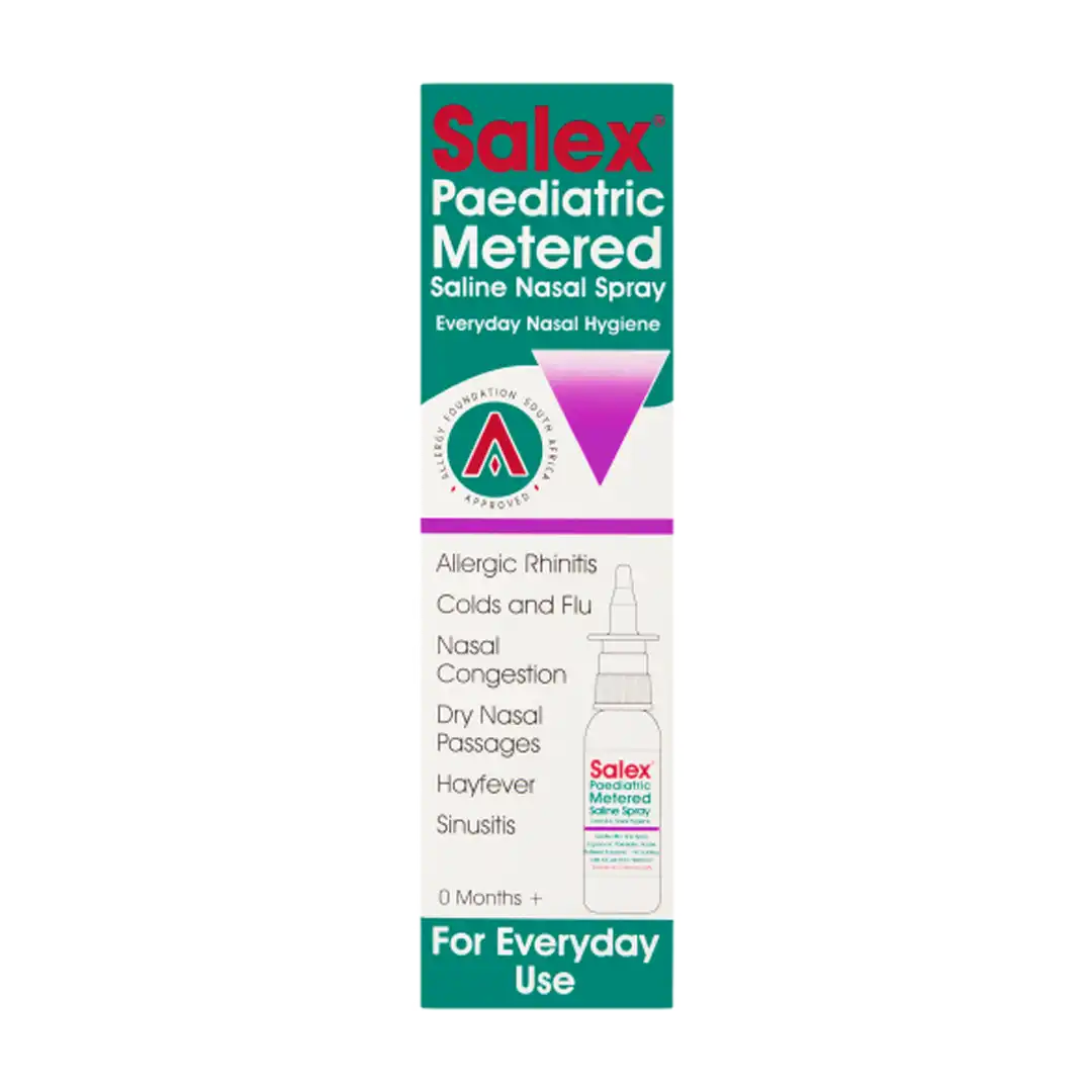 Front of Salex Paediatric Metered Saline Nasal Spray 30 ml box on white background