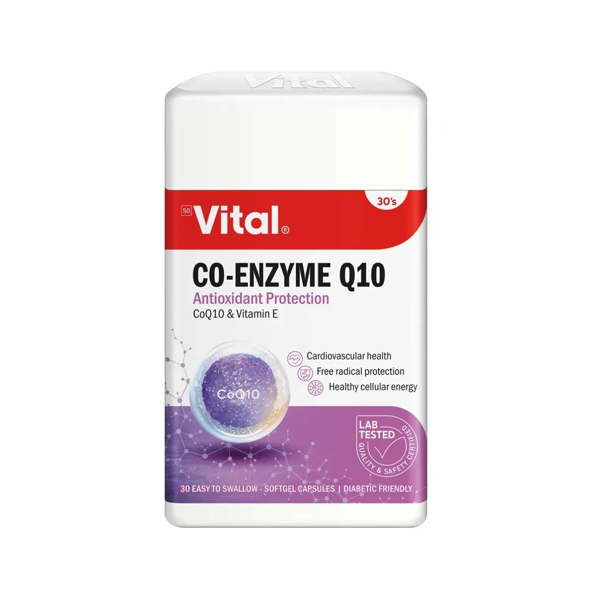 Front of Vital Co-Enzyme Q10 Antioxidant Protection 30 capsules pack on white background