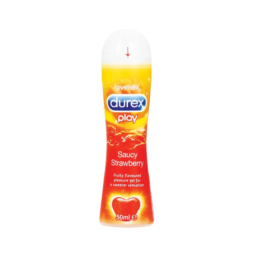 Front of Durex Play Saucy Strawberry Lube 50 ml bottle on white background