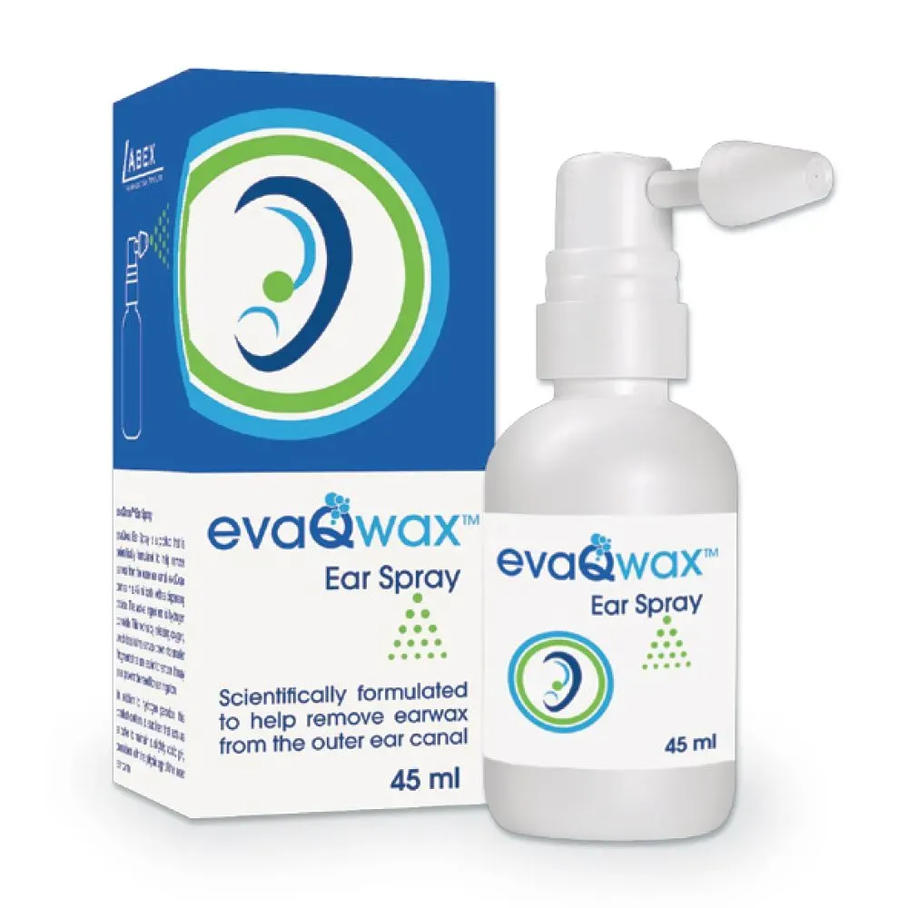 Front of EvaQwax Ear Spray box and bottle 45 ml, Abex Pharmaceuticals