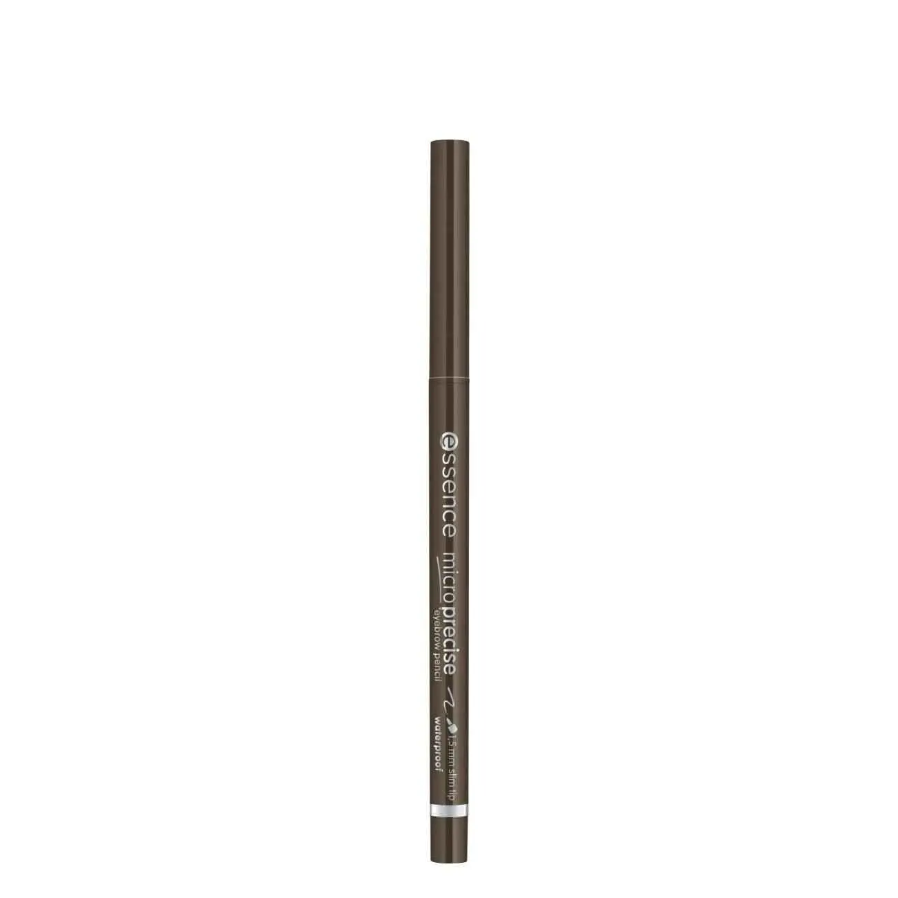 Essence Micro Precise Eyebrow Pencil in dark brown shade, waterproof, upright on white background