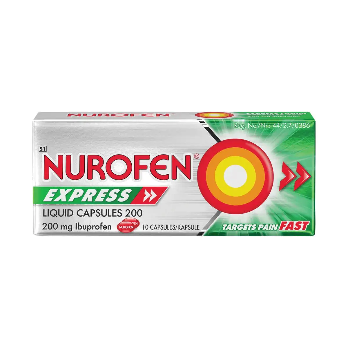 Front of Nurofen Express Liquid Capsules 200mg 10 capsules pack